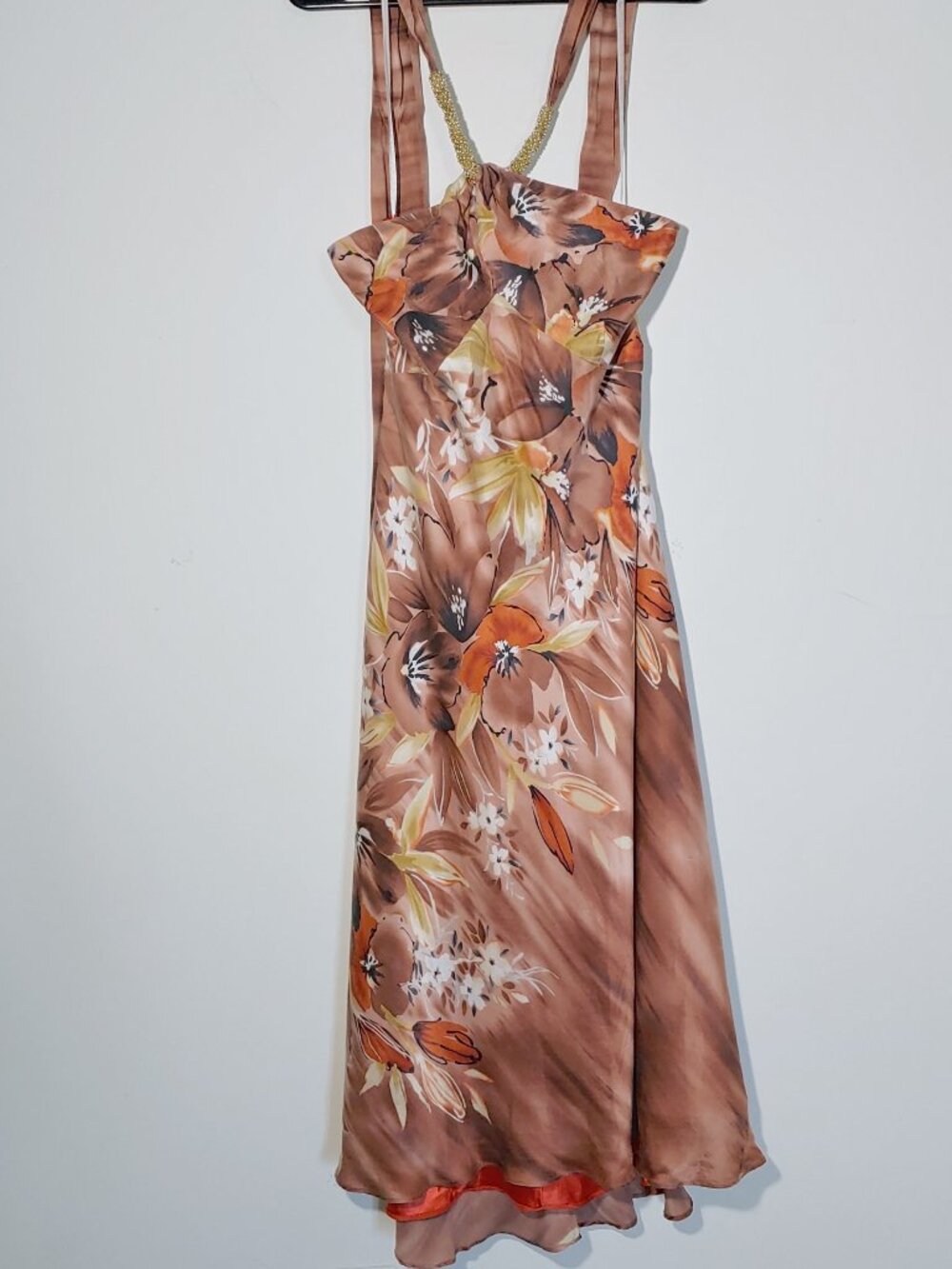 Donna Ricco Y2K Beaded Halter 100% Silk Coquette Floral Maxi Dress Sz 8 Brown